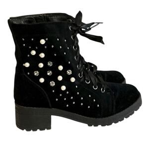 Madden Girl Boots Womens 7M Combat Black Rhinestone Studded Ankle Top Whimsigoth